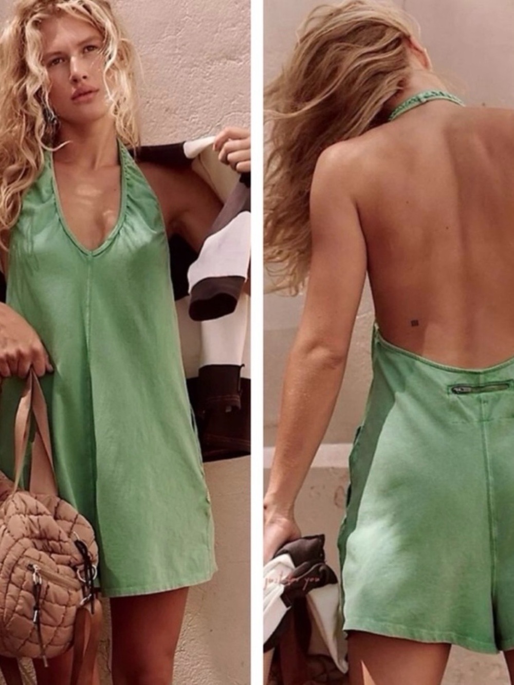 NWT Free People FP Movement Hot Shot Halter Romper Green Sheen Kelly Green L